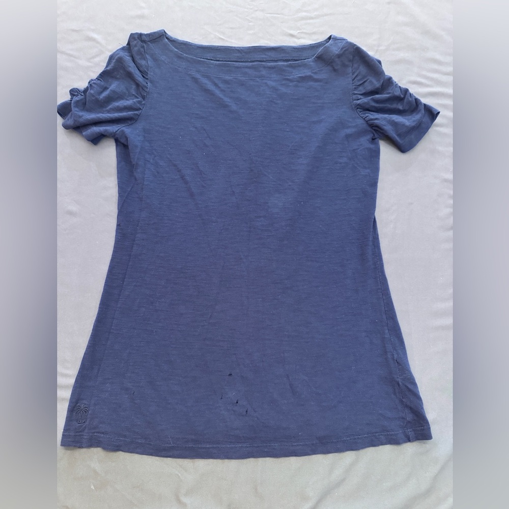 Lilly Pulitzer Pima Cotton Boat Neck Ruched Sleeve Womens Small Blue Fitted Top